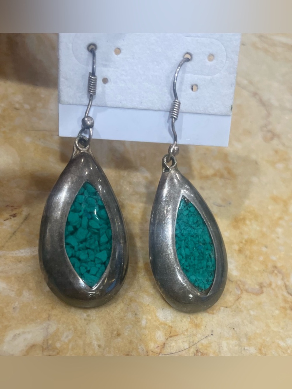 Vtg Alpaca Mexico Teardrop Earrings Crushed Stone Inlay boho Costume Jewelry